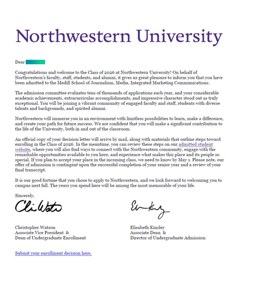 northwestern acceptance letter