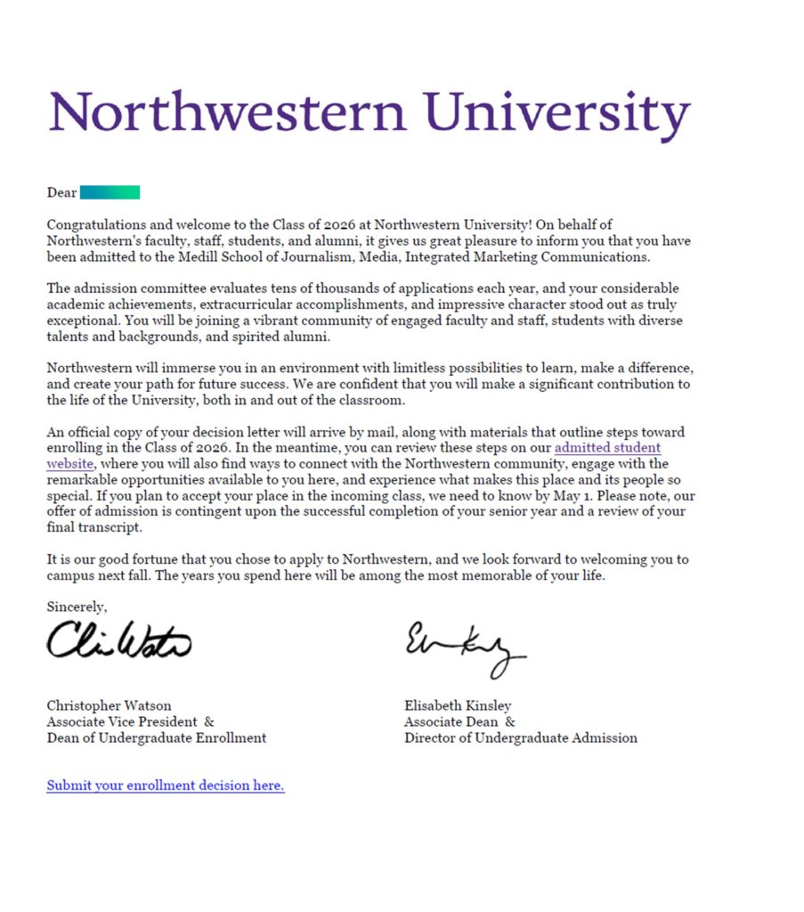 acceptance letter for college sample